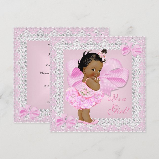 Cute Baby Shower Girl Söt Rosa Tutu Ethnic Inbjudningar (Fram/baksida)