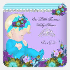 Cute Baby Shower Girl Teal Blue Lila Blonde Fyrkantigt Klistermärke