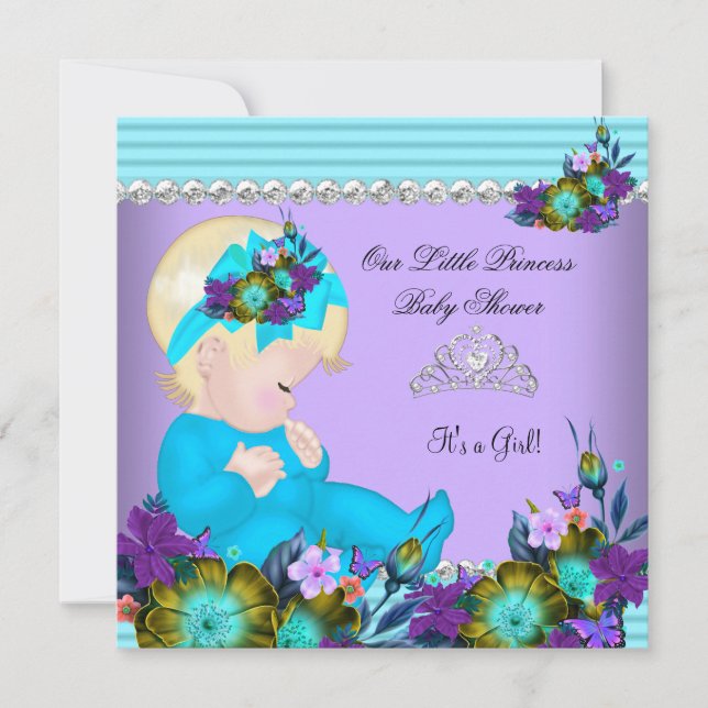Cute Baby Shower Girl Teal Blue Lila Blonde Inbjudningar (Framsida)