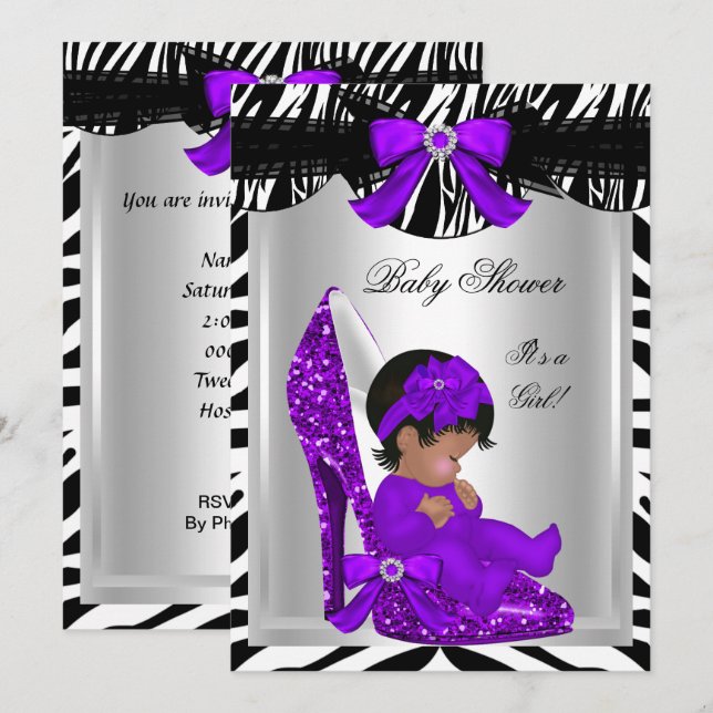 Cute Baby Shower Girl Zebra Lila Baby Shoe 2 Inbjudningar (Fram/baksida)