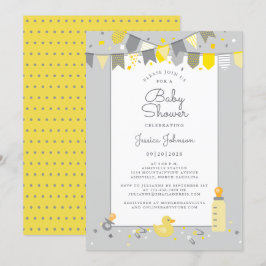 Cute Baby Shower Gult Grått Modern Banner Flaggor Inbjudningar