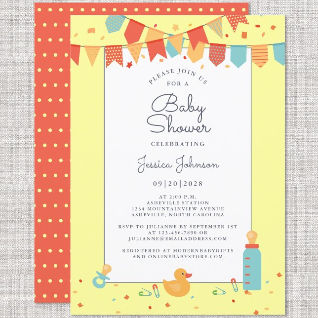 Cute Baby Shower Gult Red Teal Banner Flaggor Inbjudningar (Skapare uppladdad)