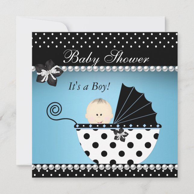 Cute Baby Shower Pojke Blue Black Pram Inbjudningar (Framsida)
