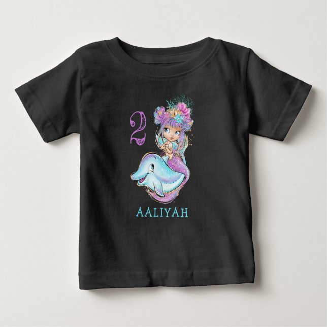Cute Baby Sjöjungfru med delfiner Födelsedag T-Shi T Shirt (Framsida)