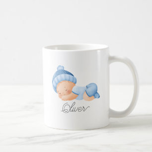 Cute Baby Sleeping Boy Blue Personlig Namn Kaffemugg