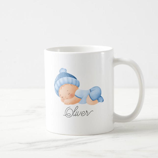 Cute Baby Sleeping Boy Blue Personlig Namn Kaffemugg (Höger)