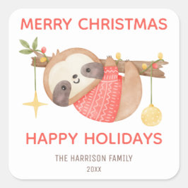 Cute Baby Sloth Glad helg jul Fyrkantigt Klistermärke