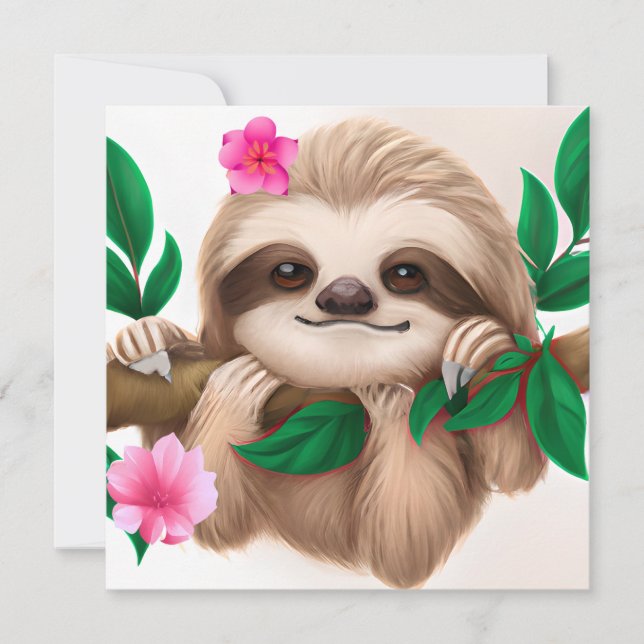 Cute Baby Sloth Hanging i Träd Inbjudningar (Framsida)