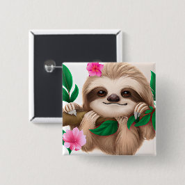 Cute Baby Sloth Hanging i Träd Knapp