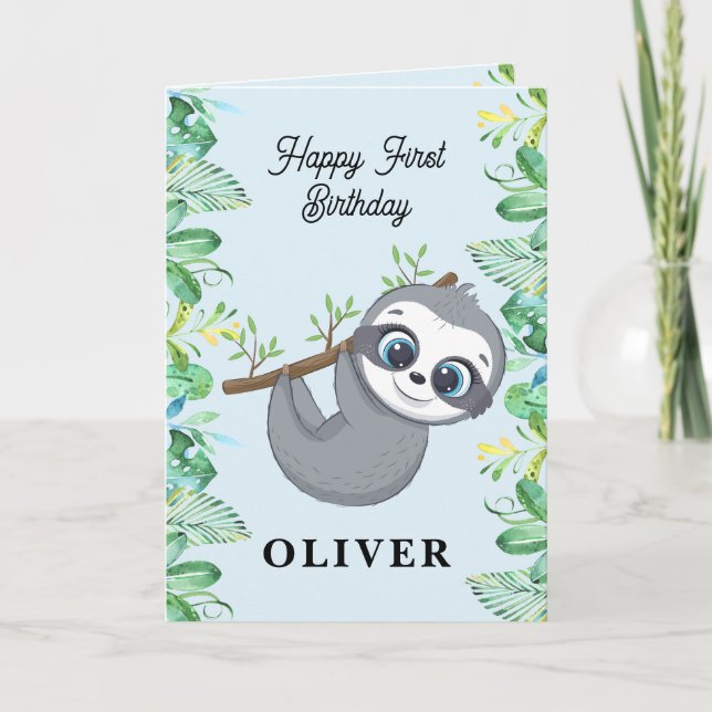 Cute Baby Sloth Lycklig 1:a födelsedagshälsningsko Kort (Framsida)