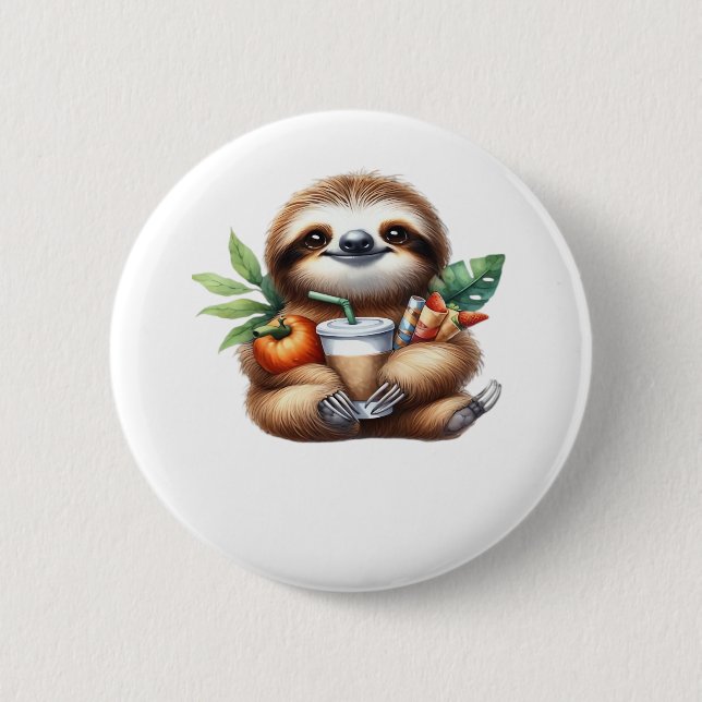 Cute Baby Sloth med Pumpkin Coffee and Pancakes w Knapp (Framsida)