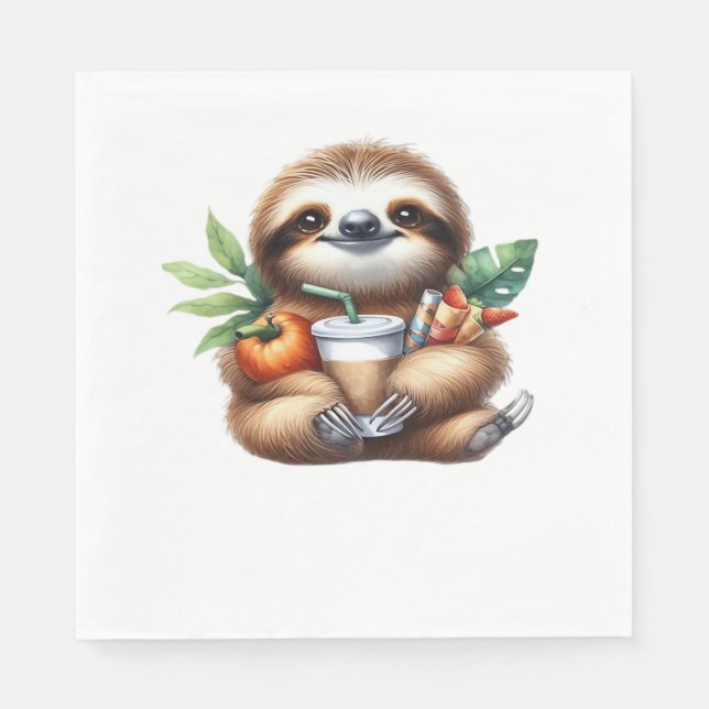 Cute Baby Sloth med Pumpkin Coffee and Pancakes w Pappersservett (Framsidan)
