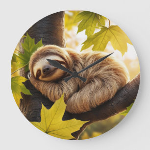 Cute Baby Sloth Sleeping i träd Stor Klocka
