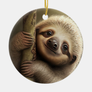 Cute Baby Sloth Smiling Wildlife Nature Animal Julgransprydnad Keramik