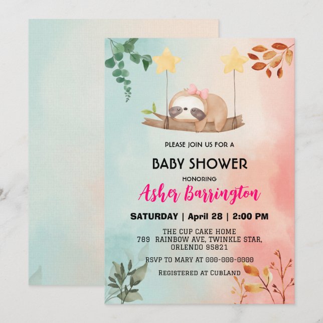Cute Baby sloth vild, sommarbabydusch party Inbjudningar (Fram/baksida)