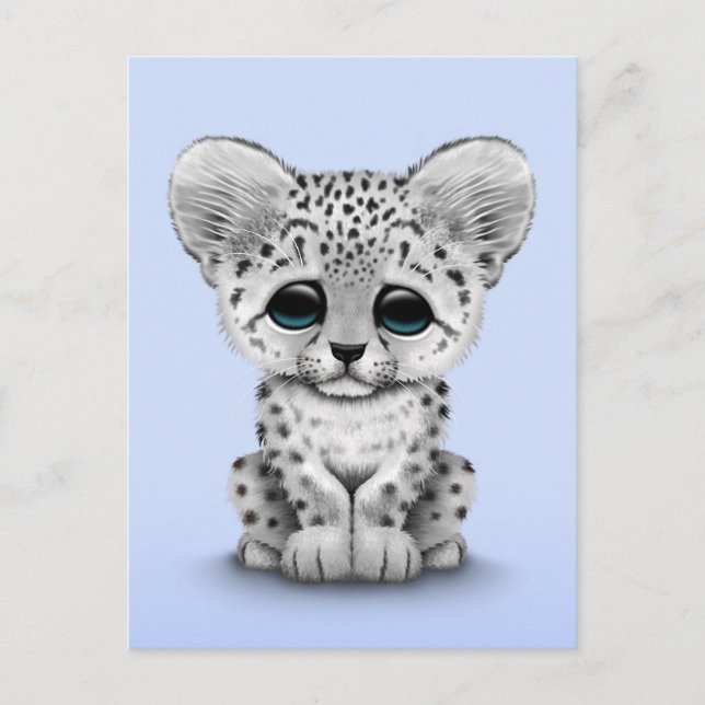 Cute Baby Snö Leopard Unge på ljusblått Vykort (Framsida)