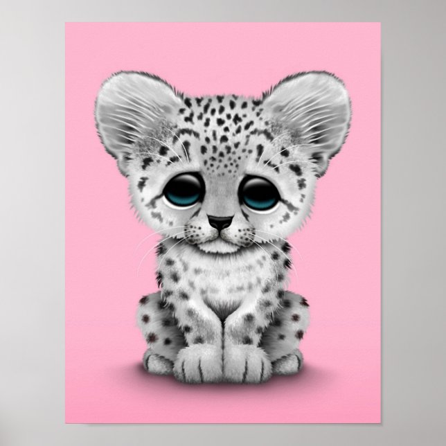 Cute Baby Snö Leopard Unge på Rosa Poster (Framsidan)