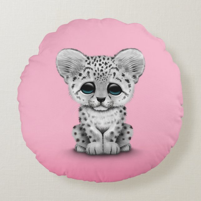 Cute Baby Snö Leopard Unge på Rosa Rund Kudde (Framsidan)