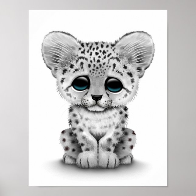 Cute Baby Snö Leopard Unge på vitt Poster (Framsidan)