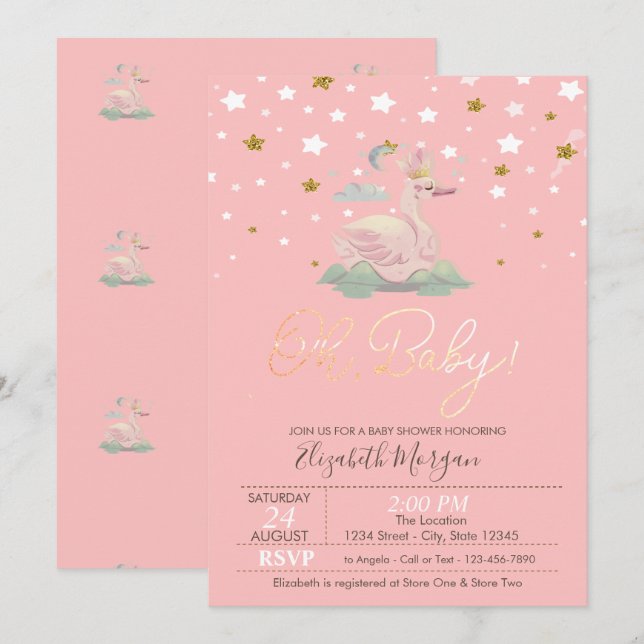 Cute Baby Svan Stars Rosa Baby Shower Inbjudningar (Fram/baksida)