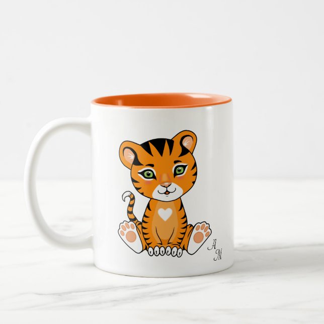 Cute Baby Tiger Animal Tecknad & Monogram Två-Tonad Mugg (Vänster)