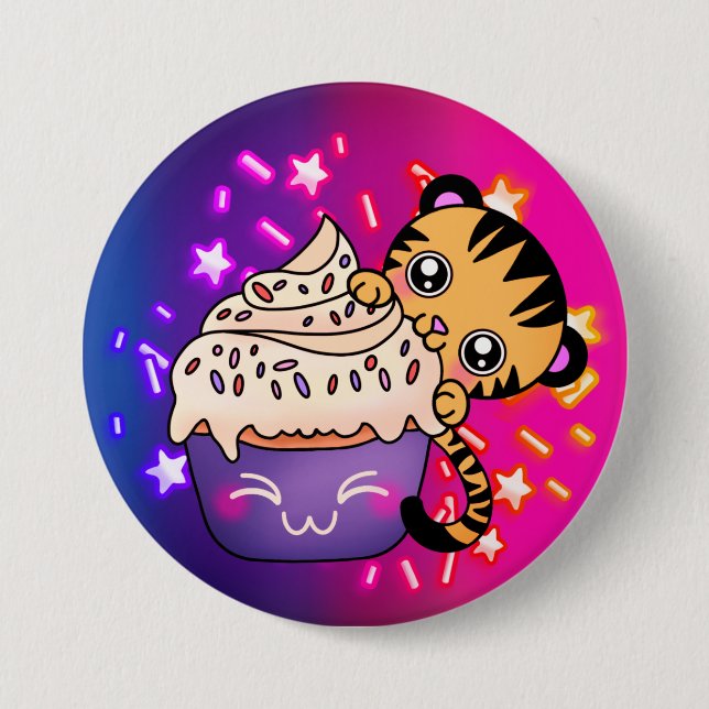 Cute Baby Tiger med Cosmic Star Cupkaka Knapp (Framsida)