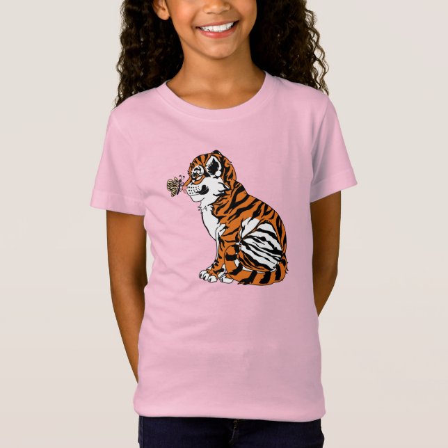 Cute Baby Tiger med Stripe Butterfly T Shirt (Framsida)