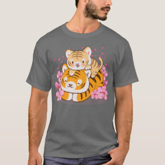 Cute Baby Tiger och Mamma Rosa Sakura Kawaii T Shirt