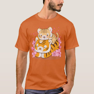 Cute Baby Tiger och Mamma Rosa Sakura Kawaii T Shirt