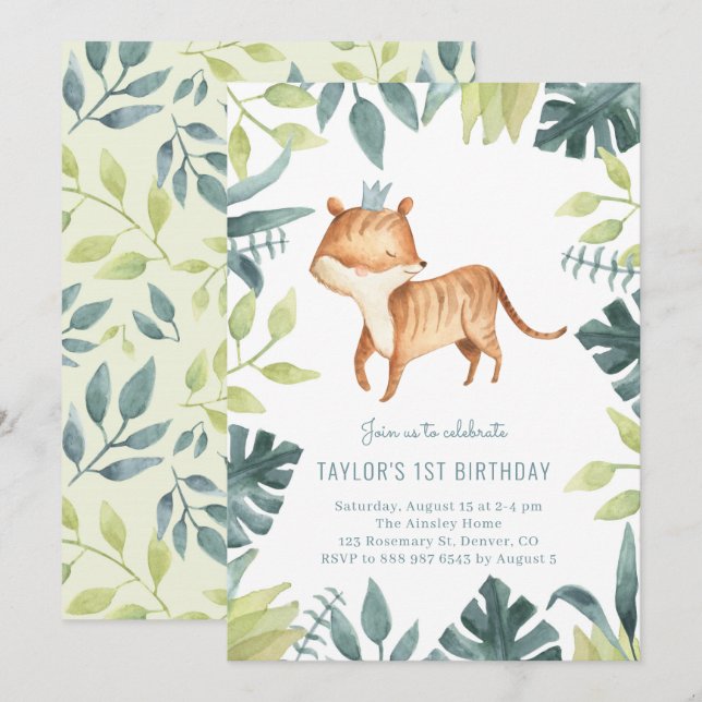 Cute Baby Tiger Prince Tropical Jungle Birthday Inbjudningar (Fram/baksida)