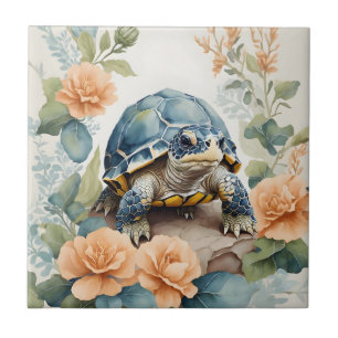 Cute Baby Tortoise Pastel Blommigt Watercolor Kakelplatta