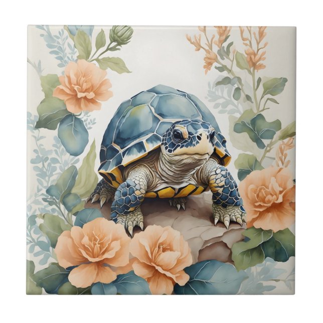 Cute Baby Tortoise Pastel Blommigt Watercolor Kakelplatta (Framsidan)