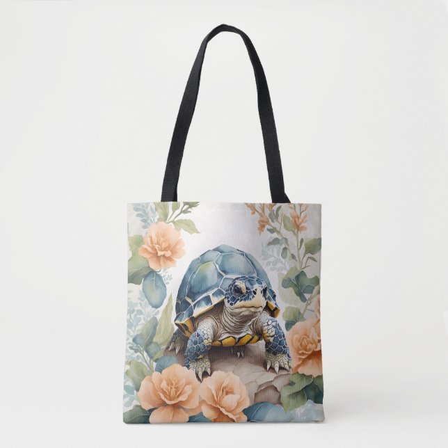 Cute Baby Tortoise Pastel Blommigt Watercolor Tygkasse (Framsida)