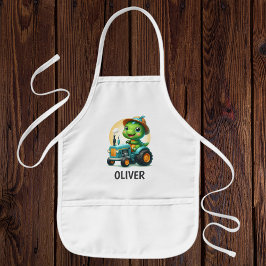 Cute Baby Trex Dinosaur som kör en blå traktor Barnförkläde