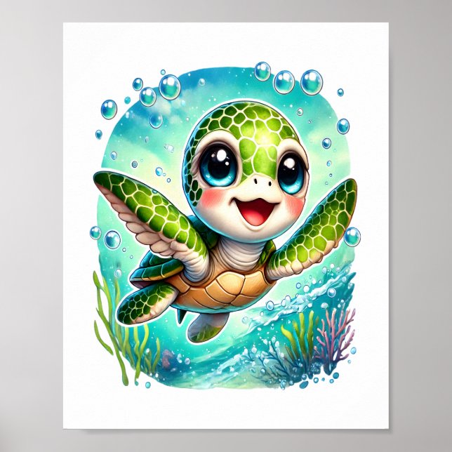 Cute Baby Turtle Swimming i Ocean Poster (Framsidan)