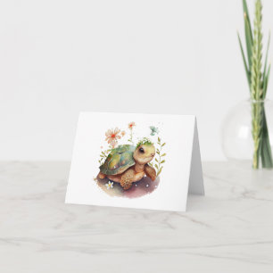 Cute Baby Turtle with Flowers BLANK Kort