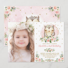 Cute Baby Uggla,  Rosa, Guld Blommor, födelsedag Inbjudningar