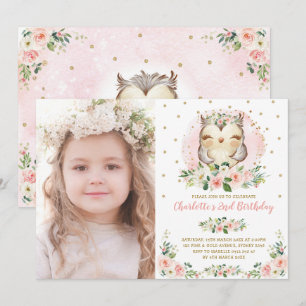 Cute Baby Uggla,  Rosa, Guld Blommor, födelsedag Inbjudningar