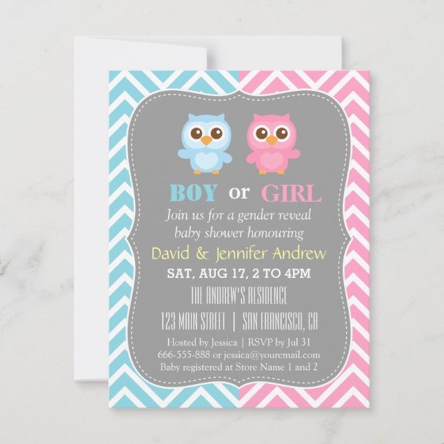 Cute Baby Uggla Theme Chevron Gender Reveal Party Inbjudningar (Framsida)