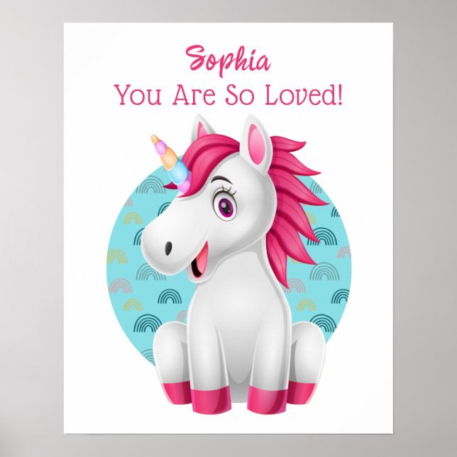 Cute Baby Unicorn Art, Child's Namn & Message Poster (Framsidan)