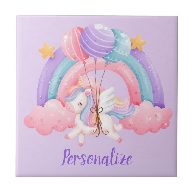Cute Baby Unicorn-ballonger Rainbow Färg Kakelplatta (Framsidan)