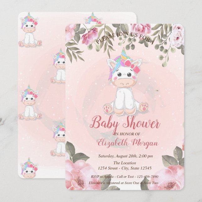 Cute Baby Unicorn, Blommigt Baby Shower-inbjudan Inbjudningar (Fram/baksida)