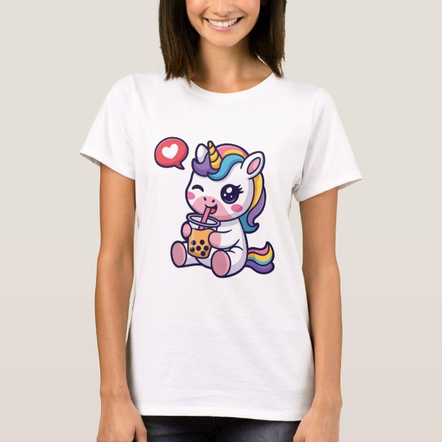 Cute Baby Unicorn Drinking Bubble Tea Funny Boba  T Shirt (Framsida)