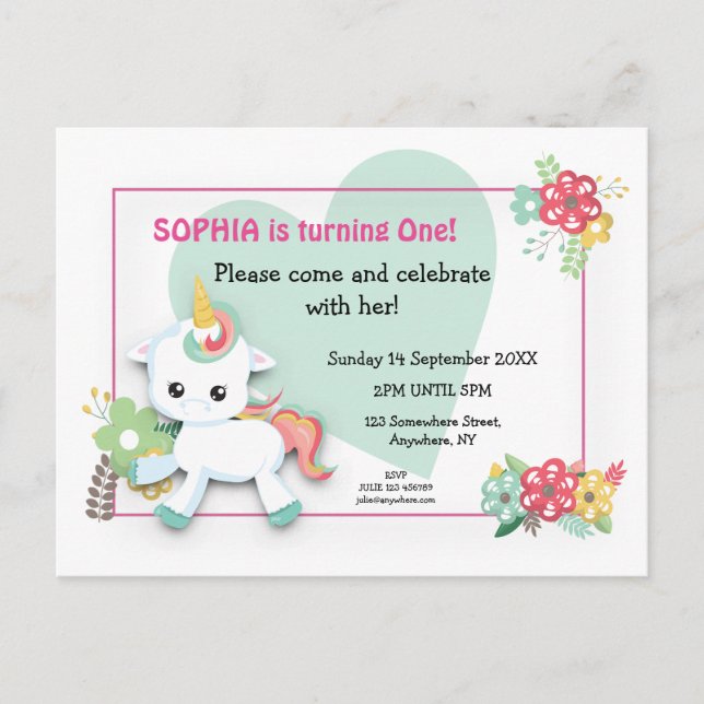 Cute Baby Unicorn First Birthday bjudande Vykort (Framsida)
