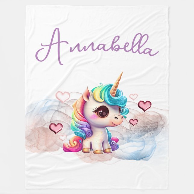 Cute Baby Unicorn och Hearts Fleecefilt (Framsidan)