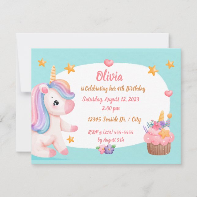 Cute Baby Unicorn Pastel Rainbow Cupkaka Birthday Inbjudningar (Framsida)