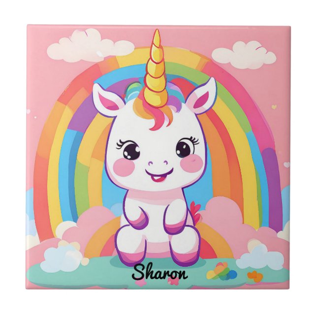 Cute Baby Unicorn Rainbow Kakelplatta (Framsidan)
