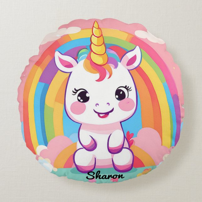 Cute Baby Unicorn Rainbow Rund Kudde (Framsidan)