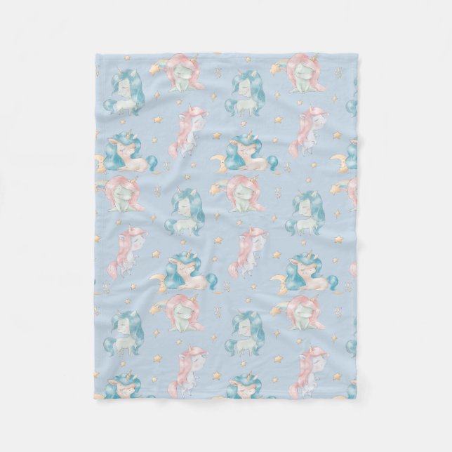 Cute Baby Unicorn Rosa Blue Pastel Nursery Child Fleecefilt (Framsidan)