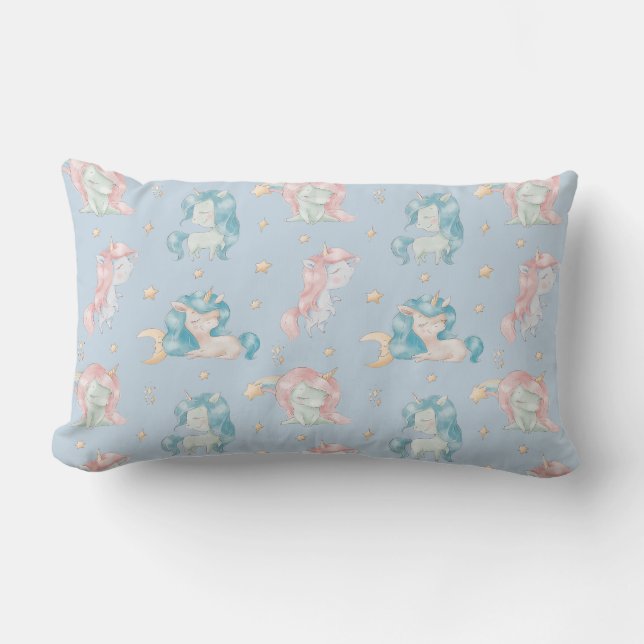 Cute Baby Unicorn Rosa Blue Pastel Nursery Child Lumbarkudde (Framsida)